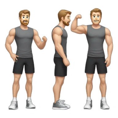 Full height Actively gesturing with hands Pale skinned Fit Man With the biceps and brown hair in dark gray Sleeveless Mike, black oversize sports shorts and white Sneakers sticker