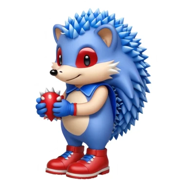 a blue hedgehog that has arms and legs with a tan chest fur, and some gloves and red and white shoes sticker