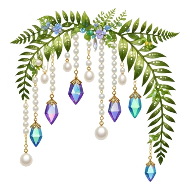 Few cute tiny Iridescent glistening glossy sparkly shiny glittery hanging crystals pearls and beads and gemstones scenery scenic decorations with vines and ferns and flowers sticker
