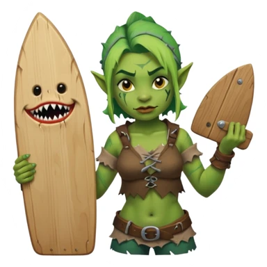 orc female holds a board with a shark painted vertically in his hands sticker