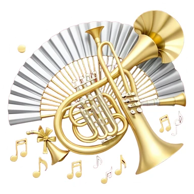 Create a festive and elegant emoji collage featuring a bouquet or fan of bells of wind instrument  (trumpets, saxophones, trombones, tubes, etc.) arranged in a radiant, symmetrical pattern. The instruments should have polished, golden and silver finishes, with their large, shiny bells forming a beautiful, fan-like display. Include a flowing ribbon of musical notes swirling through the center, conveying movement and melody. The background should feature a deep red velvet texture, adding a touch of luxury and sophistication. The overall composition should be balanced, with an elegant and regal feel, with a transparent background to keep focus on the instruments and musical elements. sticker