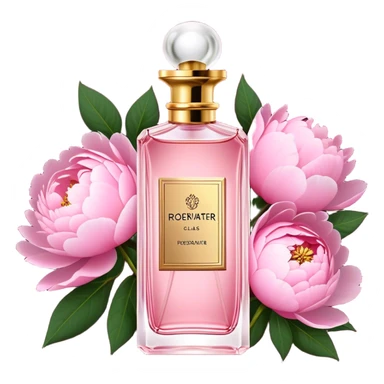 A delicate glass bottle of rosewater perfume with gold details beside lush pink peonies. Soft light enhances the romance, while a dark red velvet backdrop adds vintage glamour."
 sticker