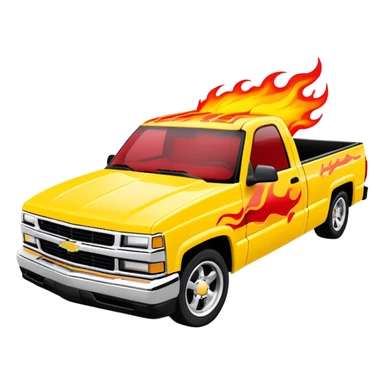Bright yellow 1997 Chevy Silverado with custom airbrushed red flame paint job on hood extending to sides, exactly as in Kill Bill 'Pussy Wagon', 30-degree angle, iOS emoji style sticker