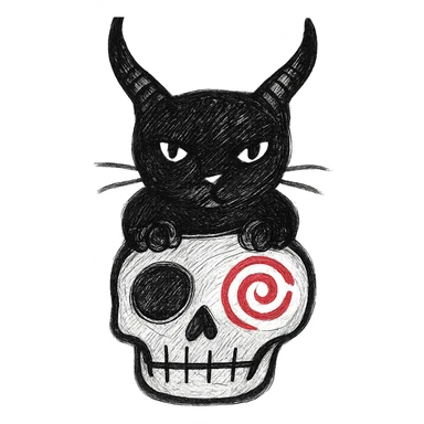 Make the black cat with demon horns and skull less cartoonish, more realistic hand drawn style, bold lines, no fill, preserve the red spiral on the skull, transparent background. sticker
