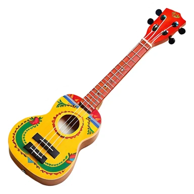 Create a vibrant and artistic emoji representing a ukulele with a Mexican design. The ukulele should feature a bright, colorful body with traditional Mexican patterns, such as geometric shapes, floral motifs, or colorful stripes. Use rich, warm tones like red, yellow, green, and blue to give the instrument a lively, festive look. Highlight the wood grain of the ukulele’s neck and fingerboard, and add subtle details like decorative inlays or a small Mexican flag symbol on the body. The strings should be clearly visible, and the instrument should be in a slightly angled position to showcase its unique design. The background should be transparent. sticker