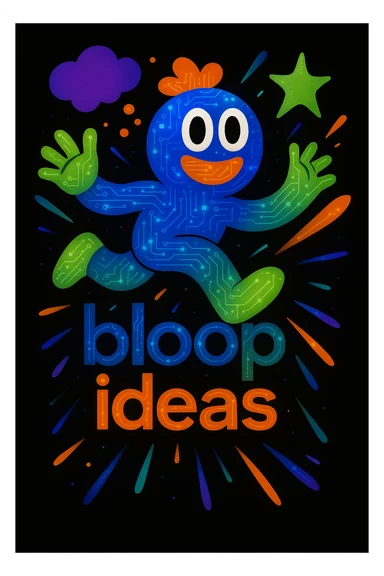 Add subtle tech details such as circuit patterns, digital dots, or glowing lines to the abstract mascot character. Maintain the playful, energetic, and imaginative vibe suitable for a black website background. Retain the bright, lively color palette and include the tagline 'bloop ideas'. sticker