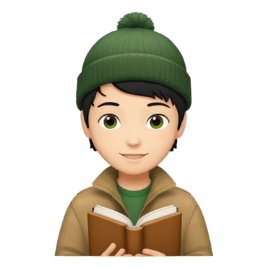 tan skin, non binary man with pixie cut black hair, wearing brown jacket and dark green beanie, shy smile , holding up  book  sticker