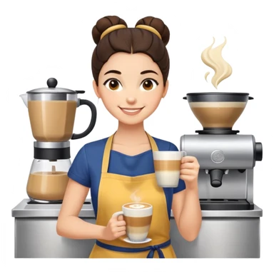 Cute brunette barista girl with hair in a bun wearing yellow shirt and dark blue apron, she's relaxed and making latte art, smiling at the coffee cup sticker