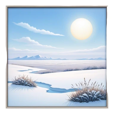 Cinematic Realistic Tundra Emoji in a wooden frame, Vast and cold, with wide expanses of snow-covered ground, sparse grasses poking through, and the occasional hardy shrub breaking up the pale white landscape. The sky above is a pale, frosty blue, and the light reflects off the snow, creating a serene yet starkly beautiful environment. Soft glowing outline, capturing the essence of a quiet, still, frozen wilderness where life endures despite the harsh conditions. sticker