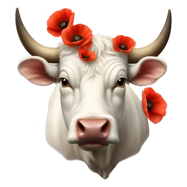 Realistic gentle White Bull Ox with many poppies on big horns sticker