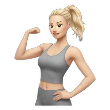 Pale skinned fit woman In a gray tight yoga suit and wristbands With ash blonde hair in a bun doing yoga sticker