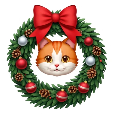 A Christmas wreath made entirely of fir trees, decorated with a red bow at the bottom, pine cones and Christmas tree balls, and a cat poking its face through the hole in the center. sticker