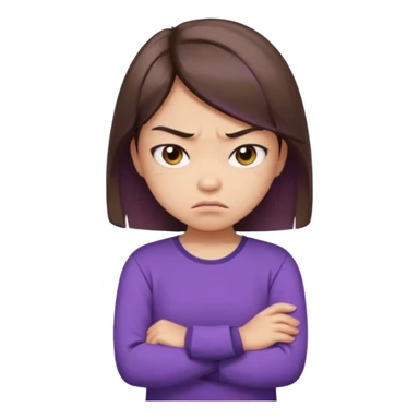 Angry Pouty girl with small asian eyes folding arms in a purple longsleeve shirt she has fair skin and medium length brown hair with highlights sticker