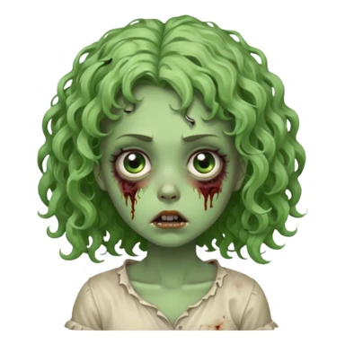 Uma garota zumbi com o cabelo cacheado baixo e mecha descolorida,olho meio grande e bonitos e rosto redondo bem fofinha e linda e com aparência de zumbi verde e meio assustadora com o semblante de cansada sticker