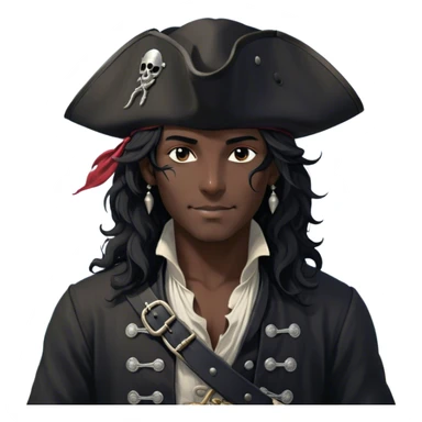 A charismatic pirate with wavy black hair that falls just past his shoulders, tousled slightly by the sea breeze. He wears a black tricorn hat with subtle silver embroidery along the edges, casting a shadow over his sharp, confident features. His piercing dark eyes glint with mischief as he gazes to the side, a knowing smile playing at his lips. His well-fitted black coat, adorned with polished silver buttons and intricate stitching, moves slightly with the wind, revealing glimpses of a deep-crimson waistcoat underneath. A silver chain dangles from his belt, catching the dim golden light of the setting sun. His posture is relaxed yet assured, exuding effortless charm as if he owns the sea itself. sticker