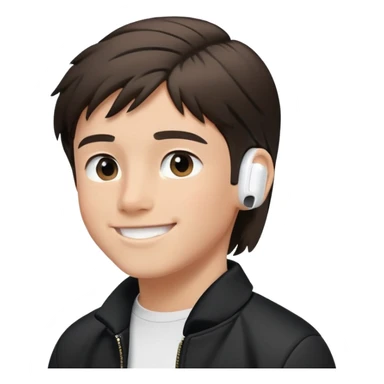 Boy with a mullet haircut (with some hair visible in the back), wearing wireless AirPods, smiling, with slightly tan skin and a black jacket. sticker