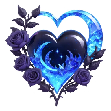 gothic heart made of crystal clear glass, silver crescent moon, glowing black roses, holographic stardust, neon blue lightning, drenched and splintered glass sticker