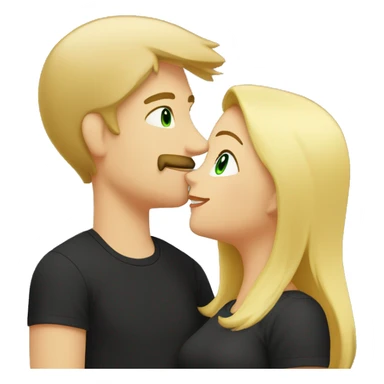 woman with green eyes and middle length blond straight hair in black t-shirt kissing a guy who is taller than her. He has blond hair, has a moustache and is wearing a grey t-shirt. sticker