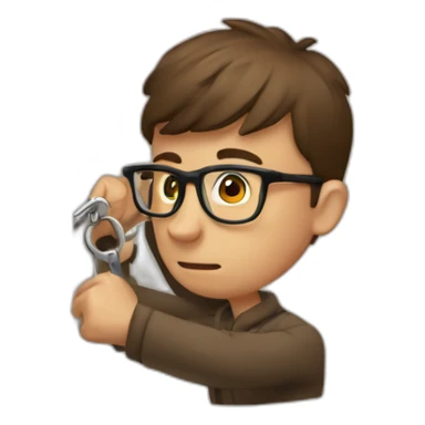 brown-short-haired man wearing glasses, struggling to fit a key into a door-lock sticker