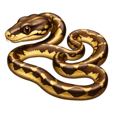 A photo-realistic digital illustration of a Ball Python, large headshot portrait. The snake has a short, rounded snout and smooth, soft contours, with a gentle, inquisitive expression that gives it a slightly playful charm. Its head is warm brown with bold, irregular dark markings. sticker