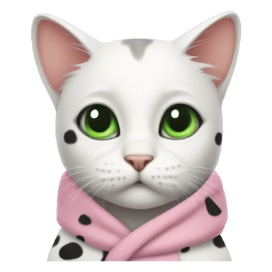 A white cat with big black spots and green eyes in a pink robe sticker