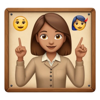 Make an emoji of a Indian origin but fair skinned girl with brown hair who is teaching how to make emojis on a board pointing to the board like a teacher sticker