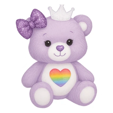 Add a glittery bow that sparkles to the purple and white teddy bear with a heart-shaped rainbow patch and a white crown. Keep the bear soft and plush, with no shadows and flat lighting. Remove the background. sticker