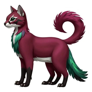 Colorful dark tropical feathery tribal dark burgundy wine-red obsidian-black jade-green white glorious iridescent divine exotic cute cool beautiful beautiful fantasy-caracal-civet-genet-sergal-vernid-Gryphon-Cacomistle-Trico-oncilla-animal-Fakémon-hybrid-fursona (full body) sticker