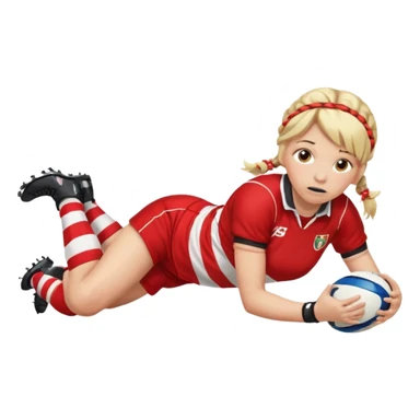 Chica de pelo rubio tirada en el suelo boca abajo agarrando un balón DE RUGBY con las manos vestida con una equipación de color rojo y blanco con líneas y con unas botas de tacos de fútbol, con un bucal en la boca y el pelo con trenzas, se la tienen que ver las piernas  sticker