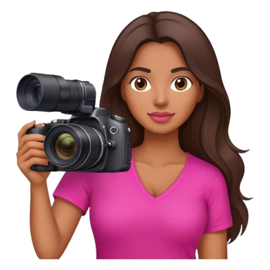 latin woman with long brunette hair hot pink v neck shirt and nikon camera sticker
