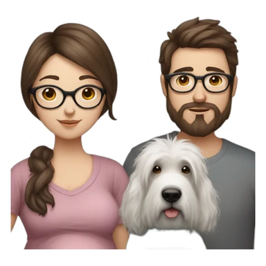Hyperrealist Pregnant girl with half long brown hair with glasses, a boy with long beard, glasses and short hair and english sheepdog sticker
