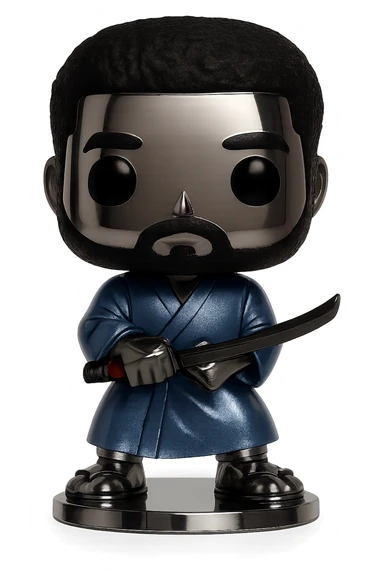 Make the Funko Pop figure's skin and base shiny chrome while keeping the exact same colors for the hair, eyes, clothing, and sword as in the reference image. All other colors should match the reference exactly. sticker