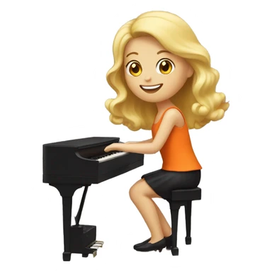 Blonde girl wearing an orange dress playing a brown upright piano sticker