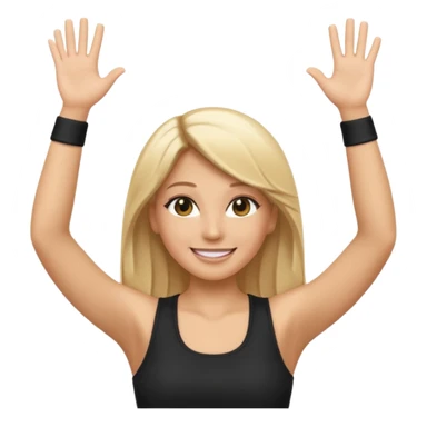 I want a white female dj animated gif emoji with long straight blonde hair putting hands up in the air. Wearing a black tight top with no sleeve sticker