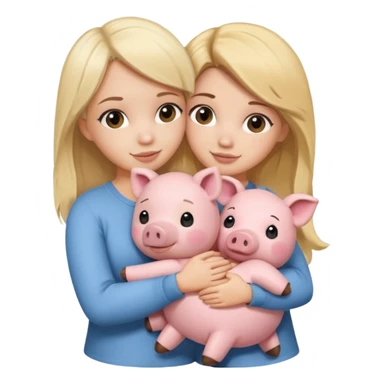 Girlfriends, blonde and brunette, hugging each other with a teddy bear and a little pig sticker