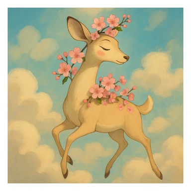 elegant feminine adult vanilla cloud doe with rosy cheeks and cherry flowers, floating gracefully, dreamy blend of Ghibli and Pixar influences sticker