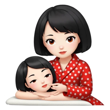 girl with black bob-cut hair, black and red dotted coat, Chinese appearance, giving a massage, masseuse vibe sticker