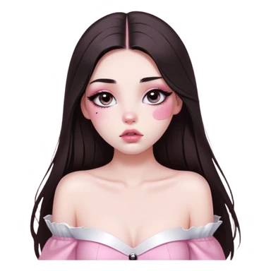 girl with white skin, dark brown long straight hair with middle part falling in front of her body, very big pouty extra shiny lips with absolutely no cupid's bow, big round shiny eyes with black eyeballs and huge eyelashes, no eyeshadow, pink blush on cheeks, lighter button nose, very long oval-shaped face, wearing a pink off-shoulder top, looking directly at camera with hands down at sides sticker