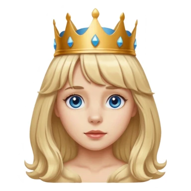 simple Blonde girl with bangs, long seductive hair and blue eyes, and a simple crown. giving cockerspaniel energy head only sticker