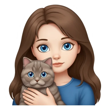 Girl with blue eyes and long brown hair holding a medium fluffy grey Scottish fold cat sticker