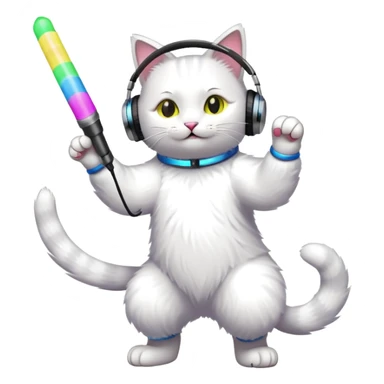 cat dancing with headphones, glow sticks, college party atmosphere sticker