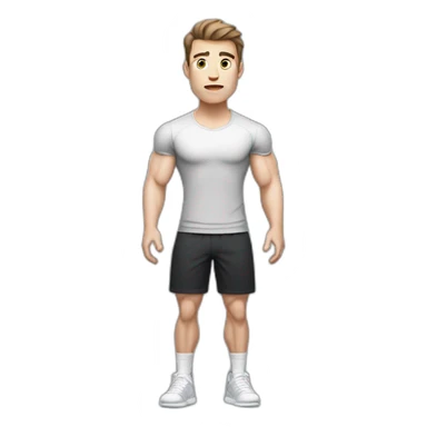 Confused Pale skinned Fit Man With the biceps and dark brown hair in black shirt, gray sports shorts and white Sneakers sticker