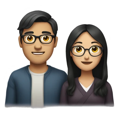 A bespectacled brown-haired man and a black-haired Asian woman holding him sticker