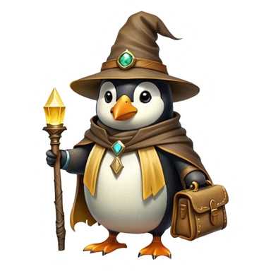 A wizard-explorer penguin inspired by Indiana Jones, wearing a weathered yellow enchanted hat and a flowing cape. It carries a leather satchel with ancient scrolls and holds a glowing magical relic. Cartoon-style, smooth shading, highly detailed, no background sticker