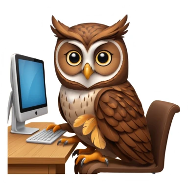 an owl working on computer in an appartement with  timber sticker
