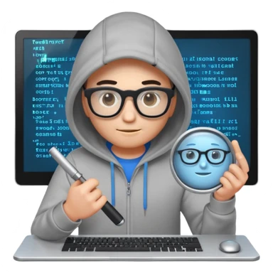 A stylized 3D emoji icon of a web developer character, wearing a hoodie and glasses. They are holding a glowing magnifying glass up to a computer screen filled with lines of HTML code and a search bar. sticker