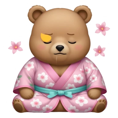 A cute chubby light-brown bear wearing a pastel pink sakura-patterned kimono, tiny body and round head, adorable simple face, sleepy half-closed eyes, small blush on cheeks, sitting while dozing off, tiny “zzz” floating above the head sticker