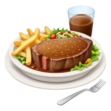 big juicy australian steak meal featuring chips, small salad in a ramikan and gravy  sticker