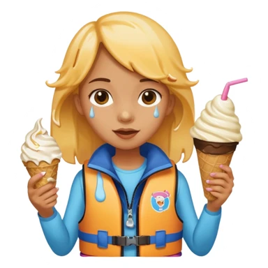 girl kid wearing lifejacket, holding ice cream sticker