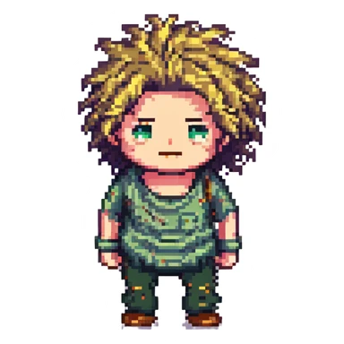 pixel art figure with wild, scruffy hair and a disheveled look, representing a bum sticker